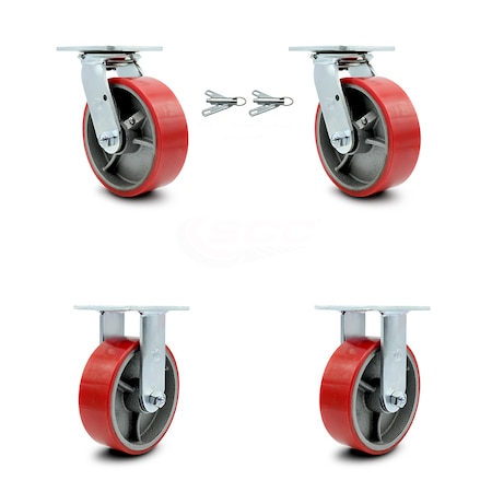 Service Caster 6 Inch Red Poly on Cast Iron Caster Set with Ball Bearings 2 Swivel Lock 2 Rigid SCC-30CS620-PUB-RS-BSL-2-R-2